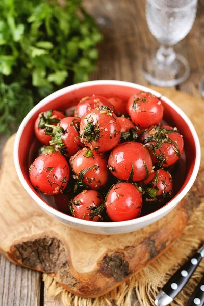 Tomates Cerises Salées Aneth Ail Rapidement Dans Sac Plastique — Photo