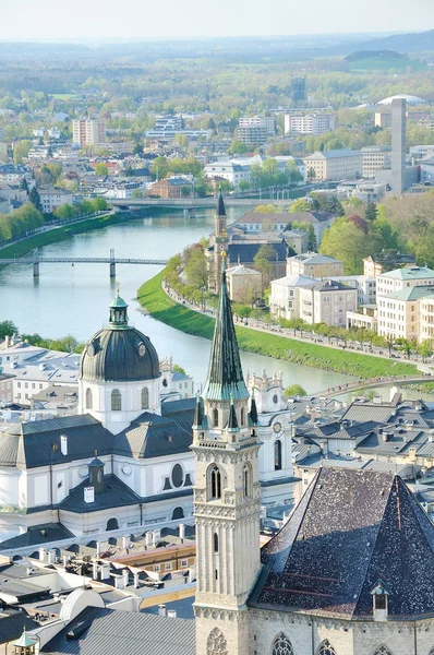 Vista Panoramica Sulla Storica Città Salisburgo Con Fiume Salisburgo Salisburgo — Foto Stock