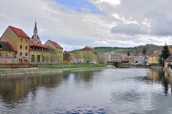 Vue Ville Historique Cesky Krumlov Avec Rivière Vltava Dans Ciel — Photo