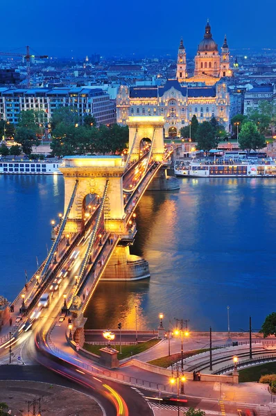 The Chain Bridge in Budapest in the evening. It is one of the symbolic buildings of Budapest, the most widely known bridge of the Hungarian capital.