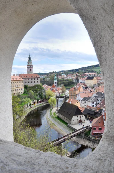 Vue Panoramique Sur Ville Historique Cesky Krumlov Depuis Une Fenêtre — Photo