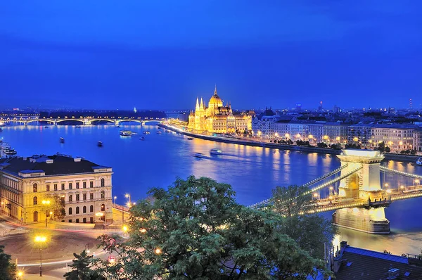Chain Bridge River Danube Budapest Evening One Symbolic Buildings Budapest — Stock Photo, Image