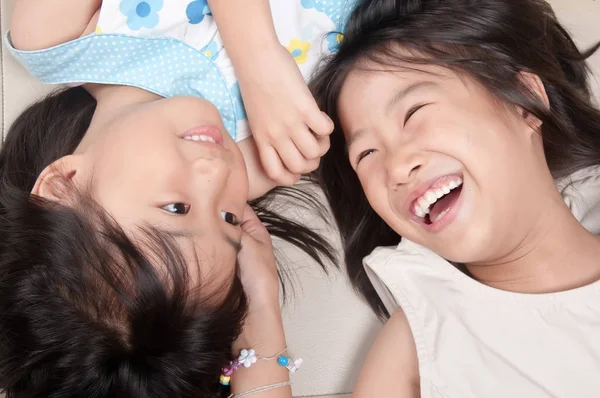 Smile Asian Children Lying Bed Playing Top View — Stock Photo, Image