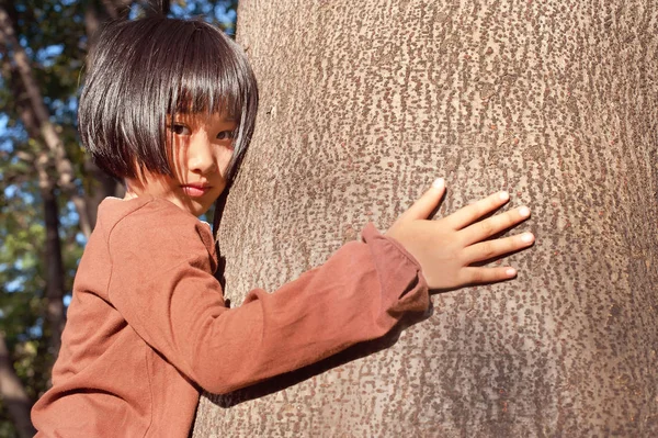 Retrato Bonito Asiático Menina Abraçando Grande Árvore — Fotografia de Stock