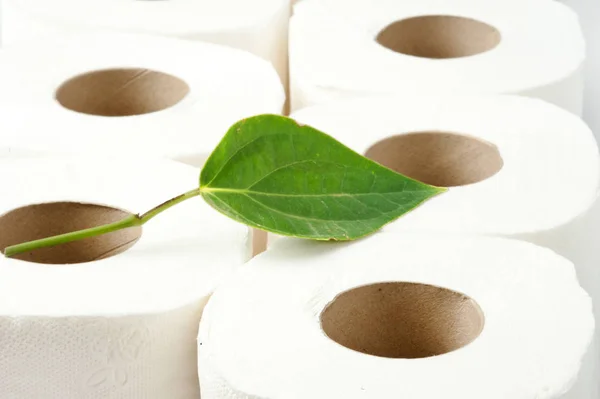 Rollen Papier Met Het Blad Recycling Ecologie Conservatieve Concept — Stockfoto