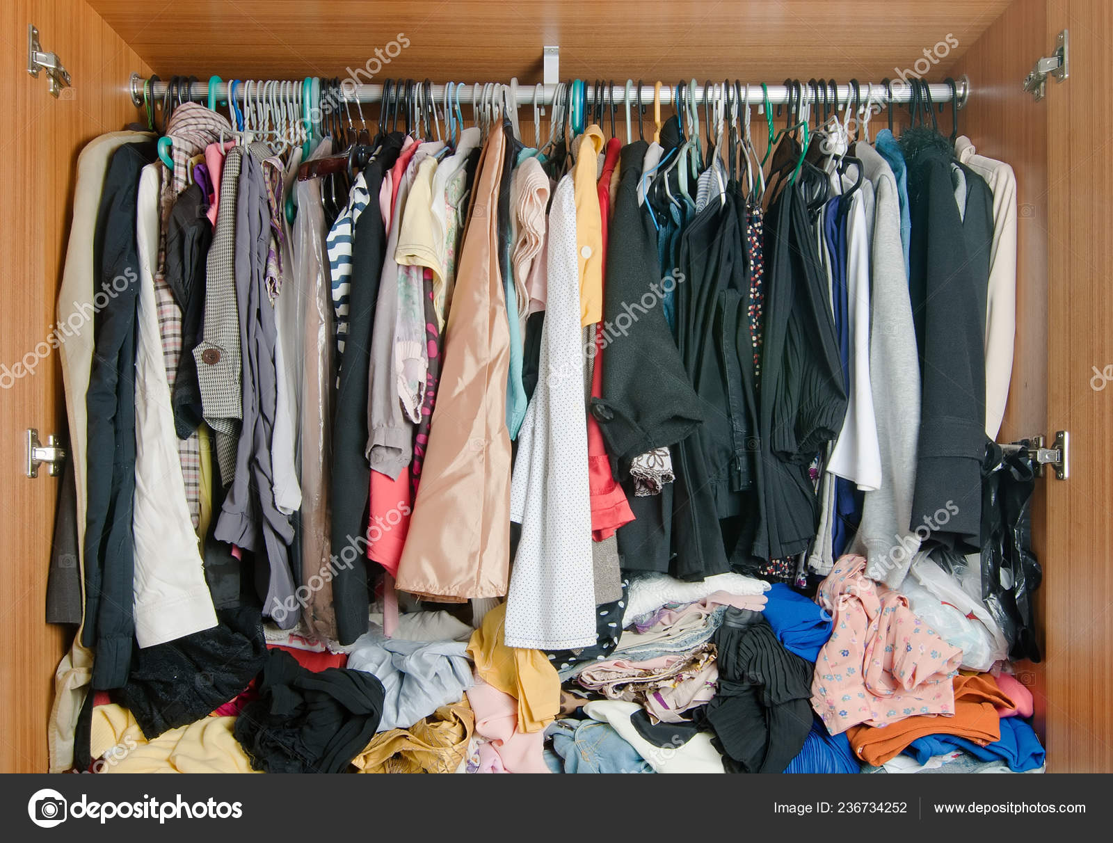 Pile Messy Clothes Closet Untidy Cluttered Woman Wardrobe Stock