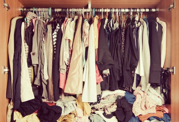 Pile Messy Clothes Closet Untidy Cluttered Woman Wardrobe Vintage Style — Stock Photo, Image