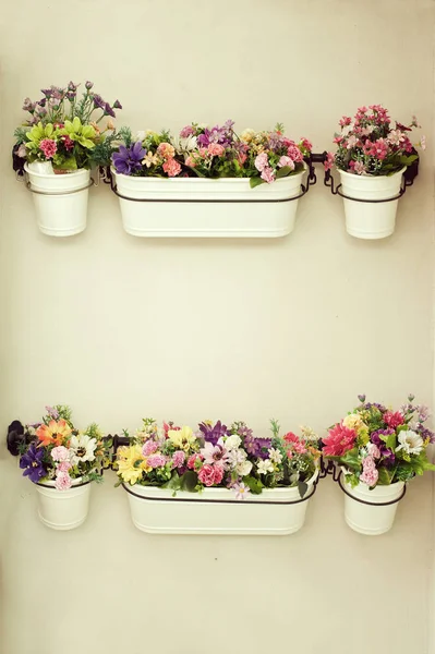 Sztuczne Kwiaty Kolorowe Doniczki Wisieć Ścianie — Zdjęcie stockowe