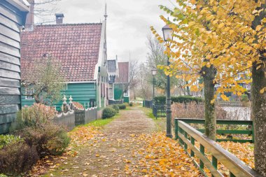 Geleneksel Avrupa köy ve kırsal evinde ahşap sonbahar kırsal görünümü.