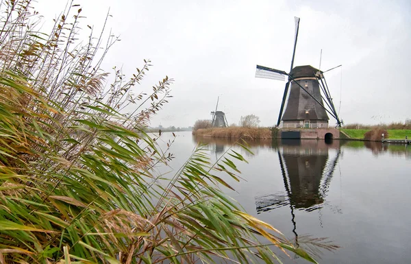 Słynny Holandia Wiatraki Drewniane Wpisanego Listę Światowego Dziedzictwa Unesco Wsi — Zdjęcie stockowe