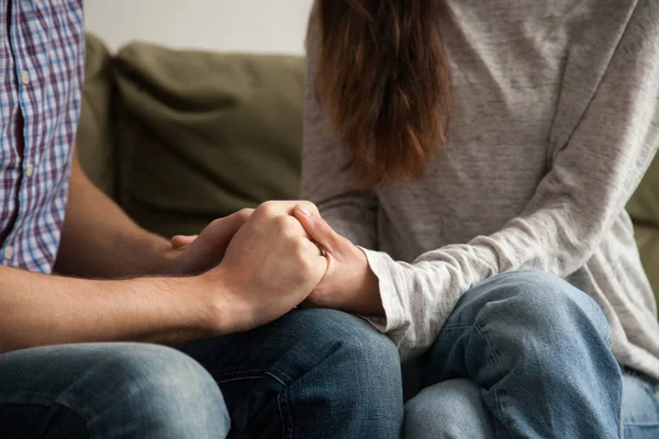 Close up of couple holding hands, support and understanding conc — Stock Photo, Image