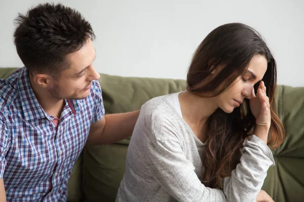 Caring Husband Apologizing Crying Wife Excusing Being Wrong Understanding Man — Stock Photo, Image