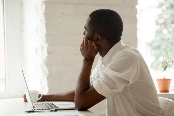 Thoughtful African American dreaming about future work achieveme — Stock Photo, Image