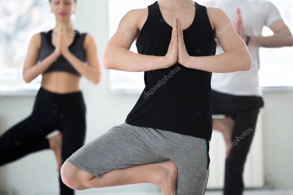 Group of young sporty people in Tree pose, close up