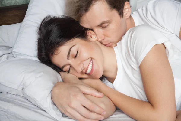 Romantic Young Husband Waking Beautiful Wife Kiss Neck Loving Millennial — Stock Photo, Image