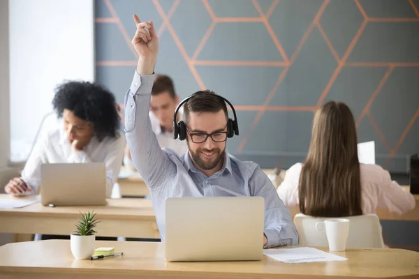 Excited Male Employee Wearing Headset Dancing Workplace Working Laptop Coworking — Stock Photo, Image