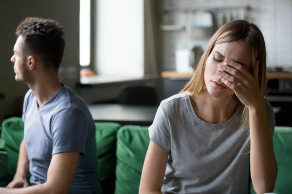 Tired frustrated woman feeling sad after fight with stubborn hus — Stock Photo, Image