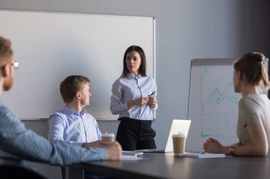 Flipchart sunu brifing sırasında kadın hoparlör