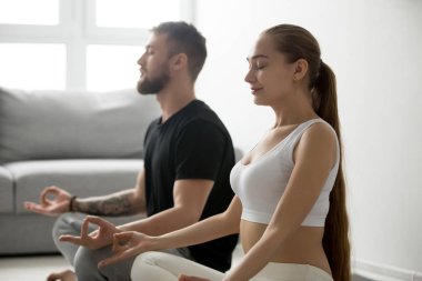 Calm couple meditate in lotus position at home clipart