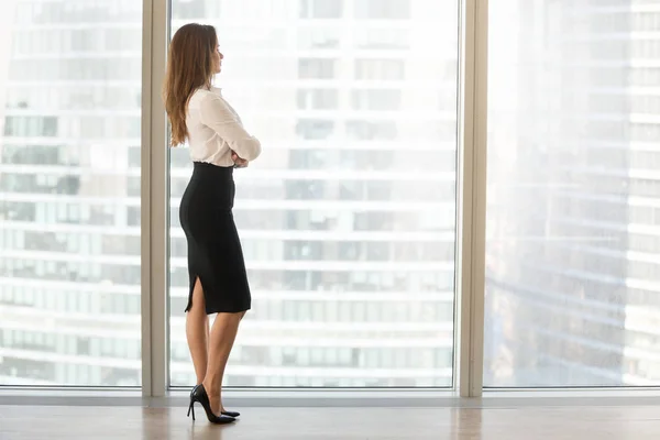 Succesvol zakenvrouw in prachtige staande kijken uit windo — Stockfoto