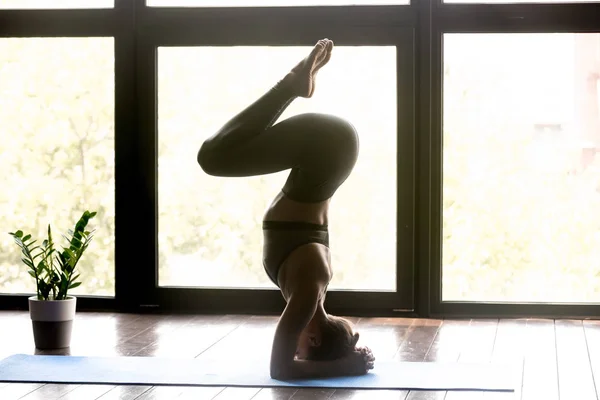 Молодая спортсменка делает упражнения на голове для йоги — стоковое фото
