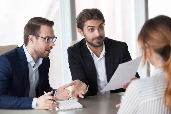 Male recruiters surprised with job candidate experience — Stock Photo, Image