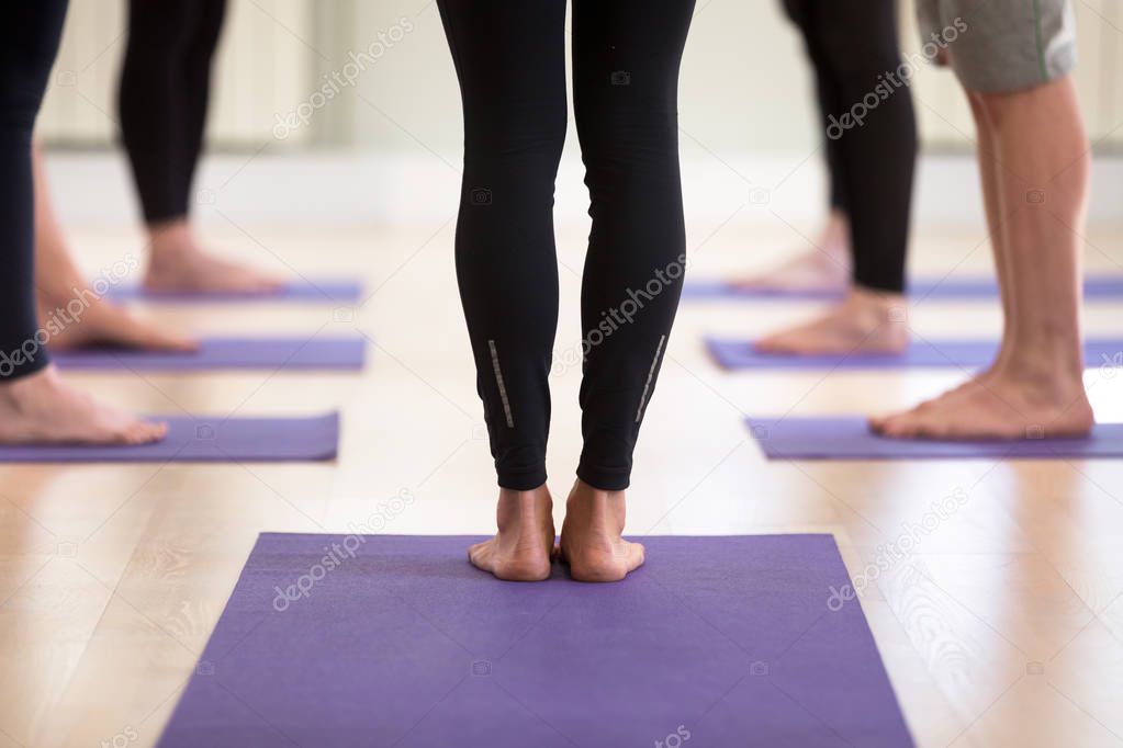 Group of young sporty people practicing yoga, doing leg and foot strengthening exercise, standing pose, working out, wearing sportswear leggings, indoor close up, yoga studio. Well-being concept