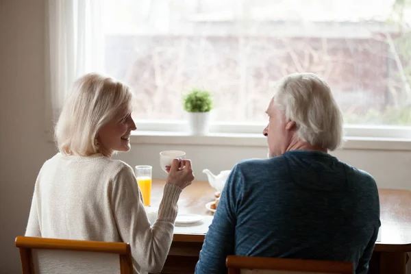 Feliz pareja de ancianos bebiendo té charlando en casa, vista trasera —  Fotos de Stock