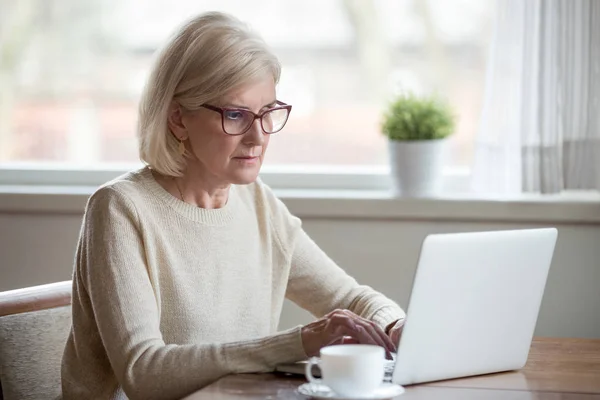 Ernste Reifen mittleren Alters Geschäftsfrau mit Laptop eingeben em — Stockfoto