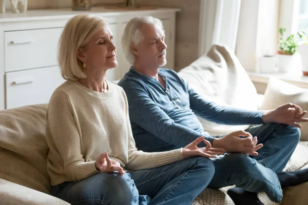 Pareja mayor meditando practicando yoga juntos sentados en hom — Foto de Stock