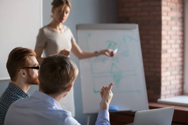 Rear view at businessman asking question to speaker at training — Stock Photo, Image