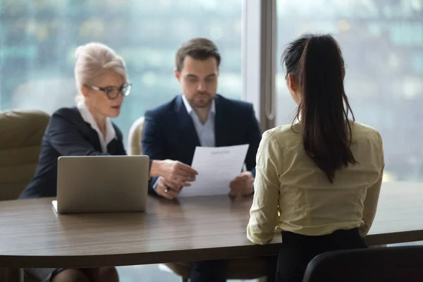 Female candidate interview with HR managers in office — Stock Photo, Image