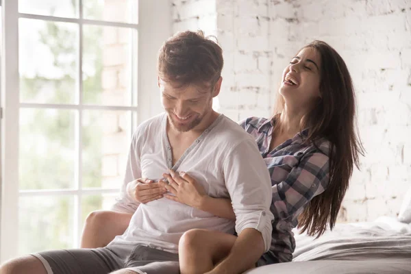 Happy young millennial couple in love at home — Stock Photo, Image