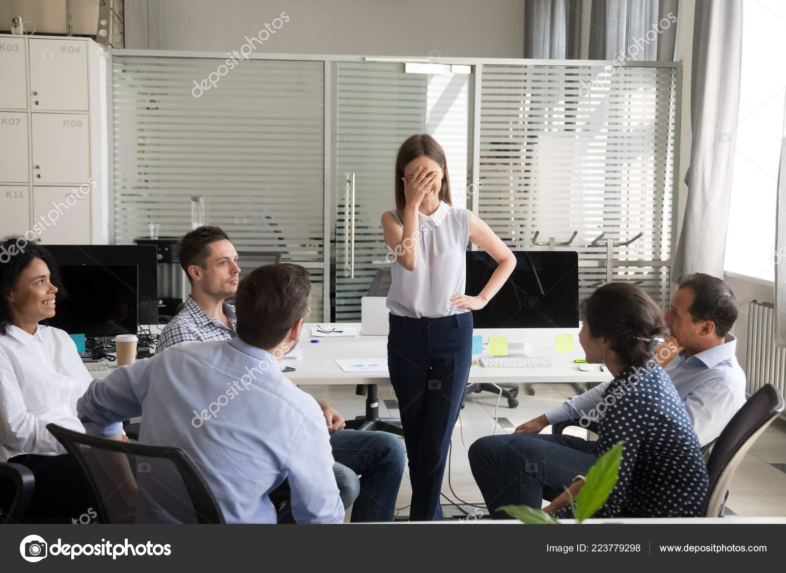 Shy nervous worker embarrassed afraid of speaking at corporate m