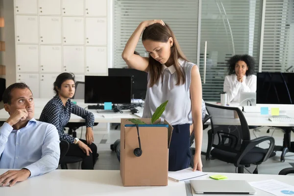 Upset female employee packing box getting fired from job — Stock Photo, Image