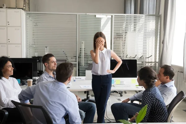 Shy nervous worker embarrassed afraid of speaking at corporate m — Stock Photo, Image