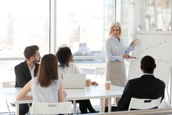 Mentora mujer de mediana edad capacita empleados de la compañía — Foto de Stock