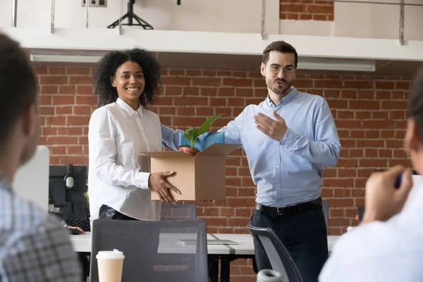 Friendly company ceo welcoming african employee in multiracial o — Stock Photo, Image