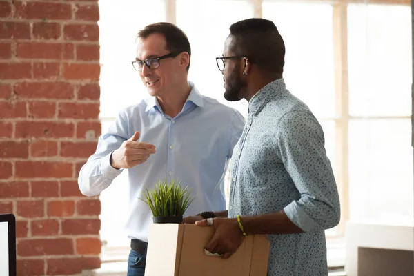 Businessman introduce black newcomer to company team — Stock Photo, Image