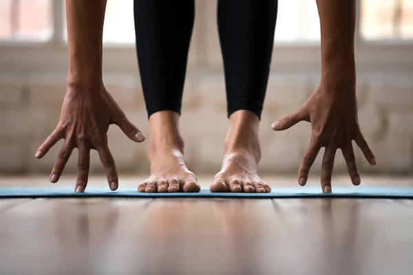 Sporty active woman practicing yoga, doing bend exercise, close — Stock Photo, Image