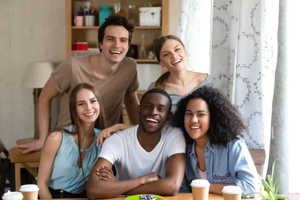 Diverse millennial attractive positive people smiling looking at — Stock Photo, Image