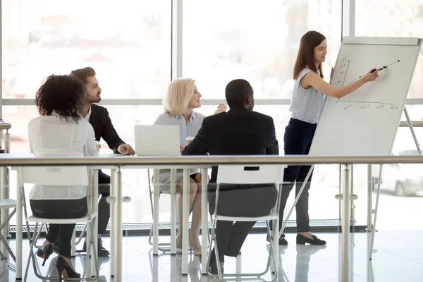 Trabajadora de oficina hablando dando presentación en té diverso — Foto de Stock