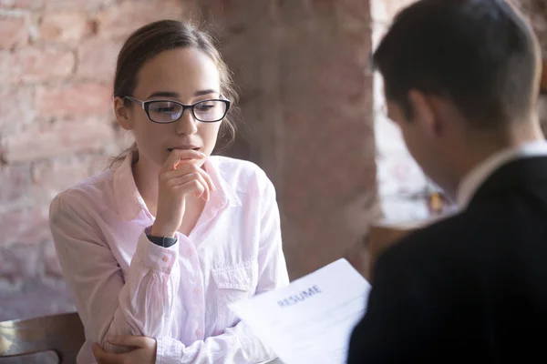 Female job applicant feeling stress, afraid, nervous at job inte — Stock Photo, Image