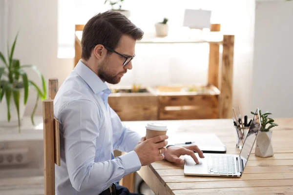 Fokuserade manlig anställd arbetar på laptop dricka kaffe — Stockfoto