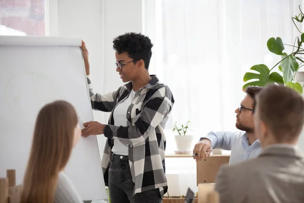 Afro-americana mujer dar presentación flipchart para oficina w — Foto de Stock