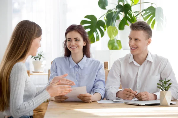 Confident female applicant talk making good first impression on — Stock Photo, Image