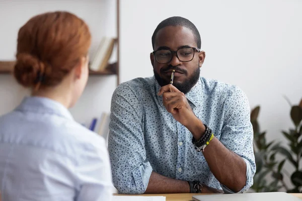 Black executive manager interviewing female for company position — Stock Photo, Image