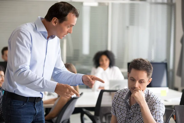 Angry boss is scolding frustrated incompetent employee