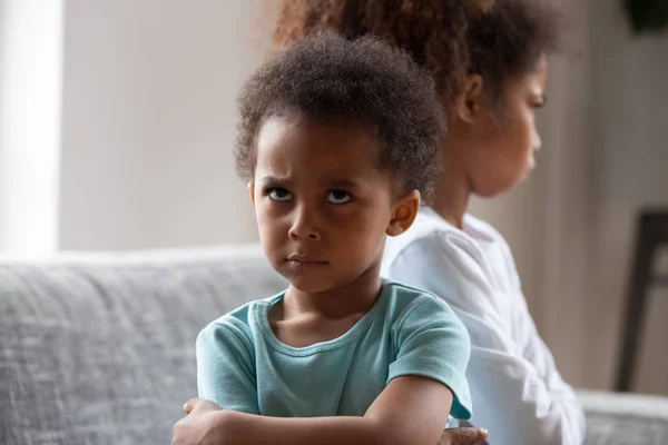 Angry african american little boy offended ignoring black sister — Stock Photo, Image