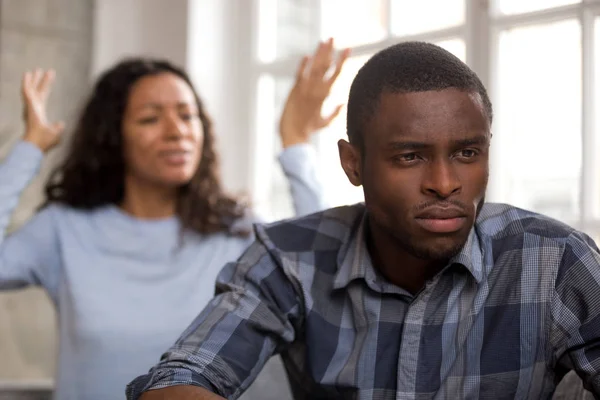 Upset african husband feels disappointed in love ignoring angry — Stock Photo, Image